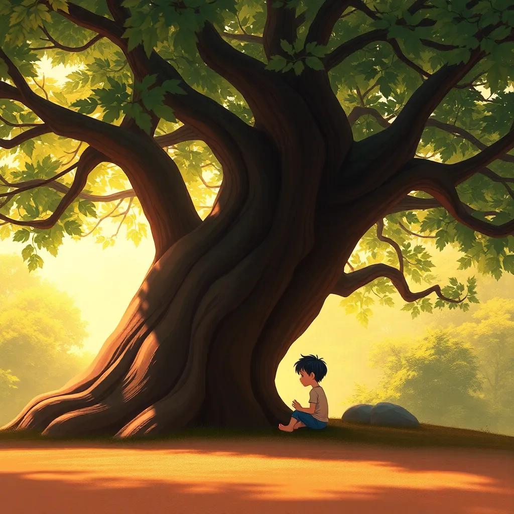 The child sitting under a big, leafy tree with their shadow beside them, a sense of calm and friendship conveyed, warm light filtering through branches, storytelling feel, warm colors, detailed illustration
