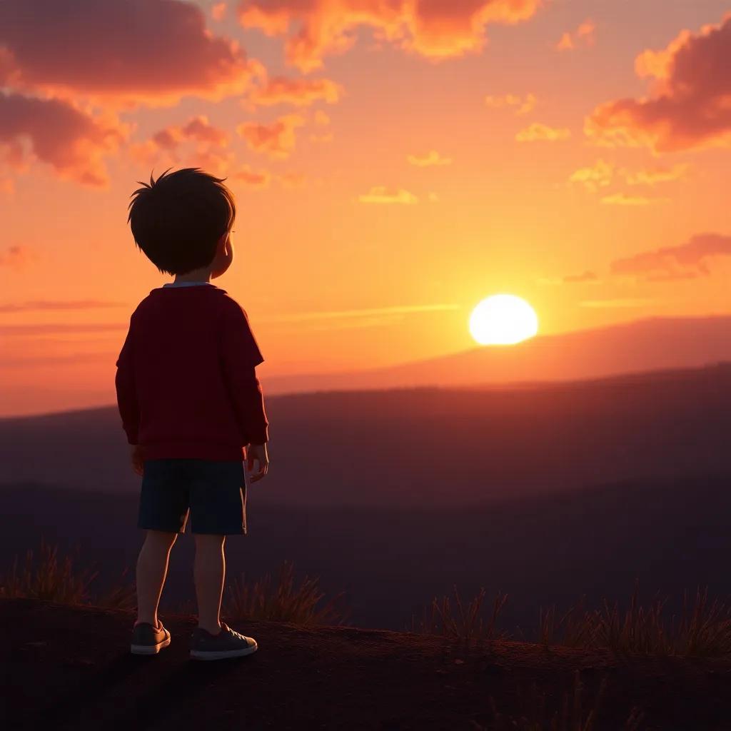 The child watching the sunset, their shadow long and stretched out beside them, colors of orange and pink in the sky making a stunning backdrop, serene atmosphere, high quality