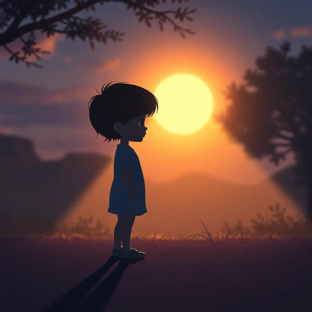 A beautiful evening scene of the child and their shadow blending into the evening light, capturing the transition of day to night, artistic flair, soft colors, whimsical quality
