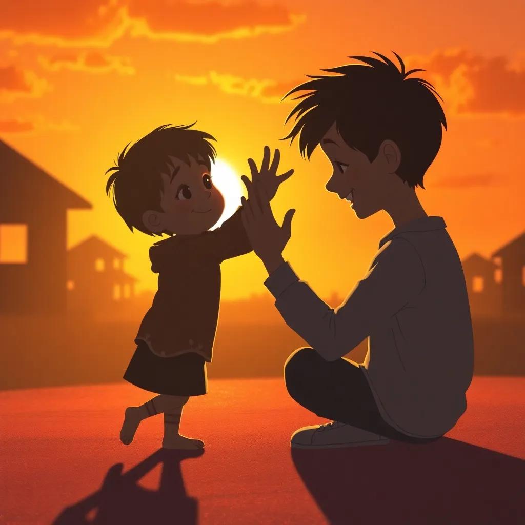 The child playfully engaging with their shadow while the sun sets, shadows mingling with the orange sky, showing friendship and fun, heartwarming and imaginative, high detail