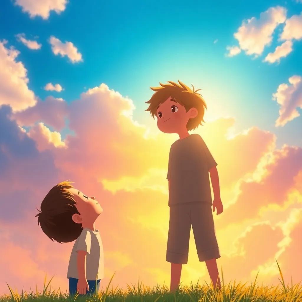 The child looking up at their playful shadow, suddenly a bright, colorful sky above reflecting their connection and joy, illustrating warmth and friendship, lovely ambiance, vibrant art
