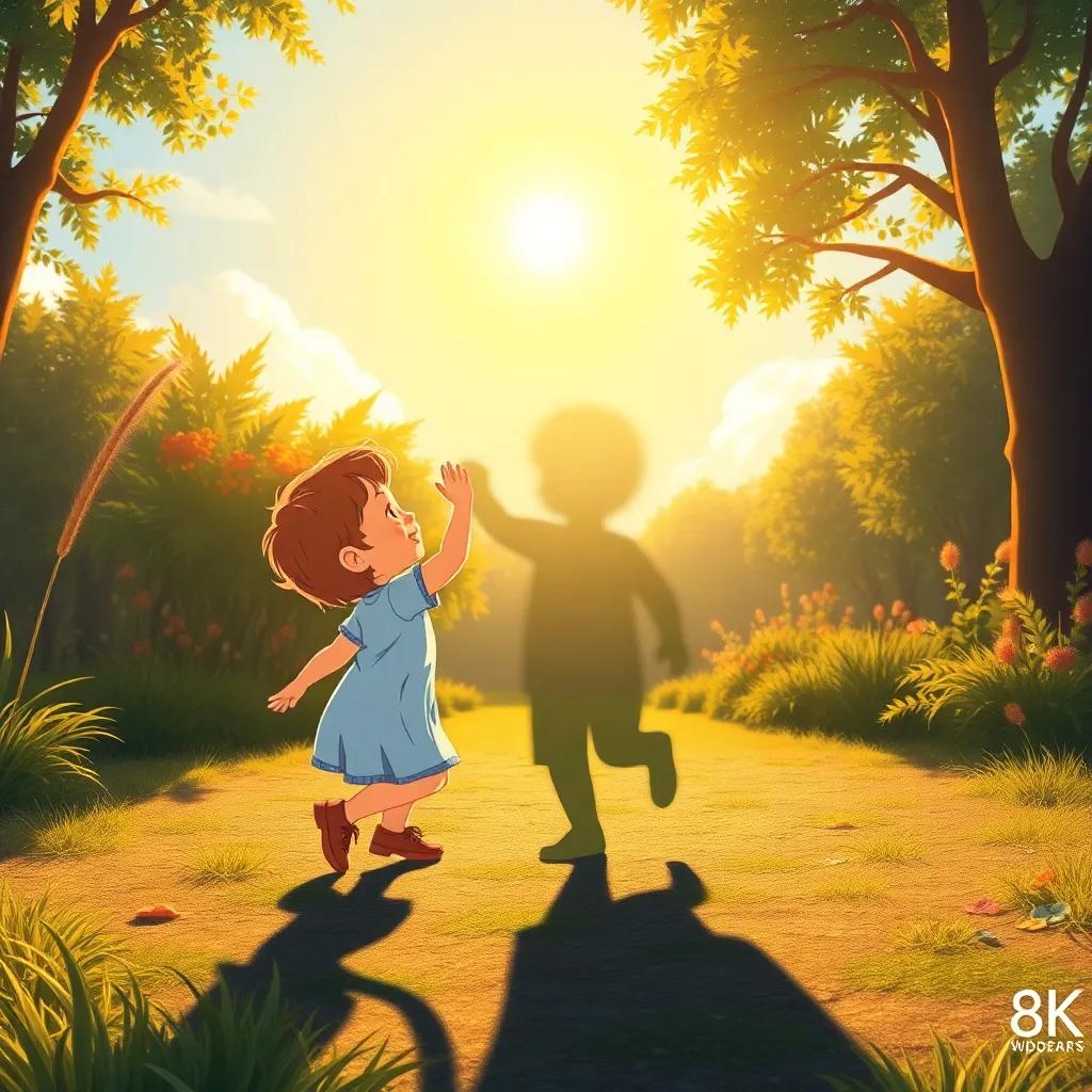 The child and their shadow illustrated dancing under the warm and glowing sunlight, surrounded by beautiful nature, expressing the joy of companionship, cheerful and lively, digital art