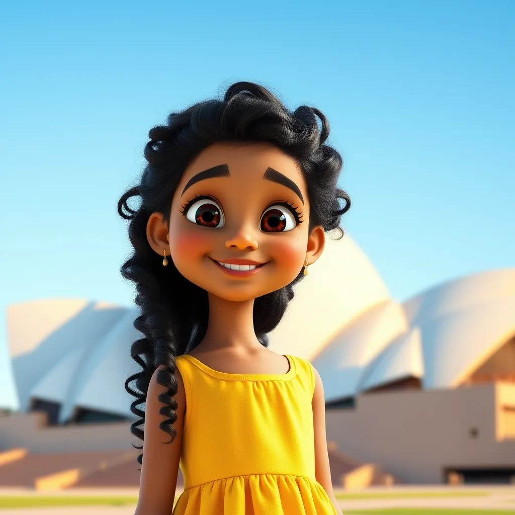 A young Arab girl, Aisha, with curly dark hair, wearing a bright yellow dress, smiling in front of the Sydney Opera House, under a clear blue sky, cheerful vibe, digital art, colorful and warm light, child-friendly, high quality