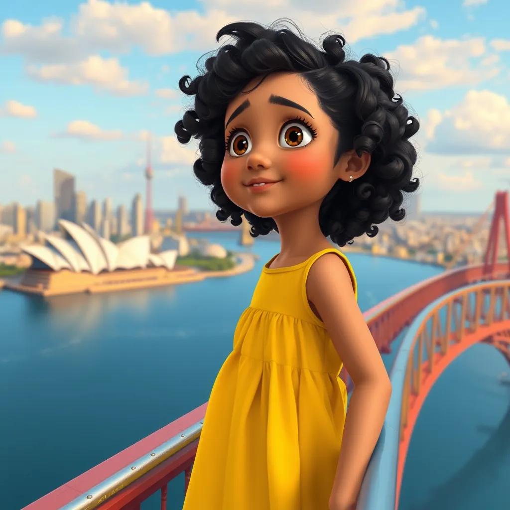 A young Arab girl, Aisha, with curly dark hair, wearing a bright yellow dress, standing on the Sydney Harbour Bridge, amazed by the view of the city, vibrant atmosphere, digital painting, bright colors, uplifting perspective, well-detailed