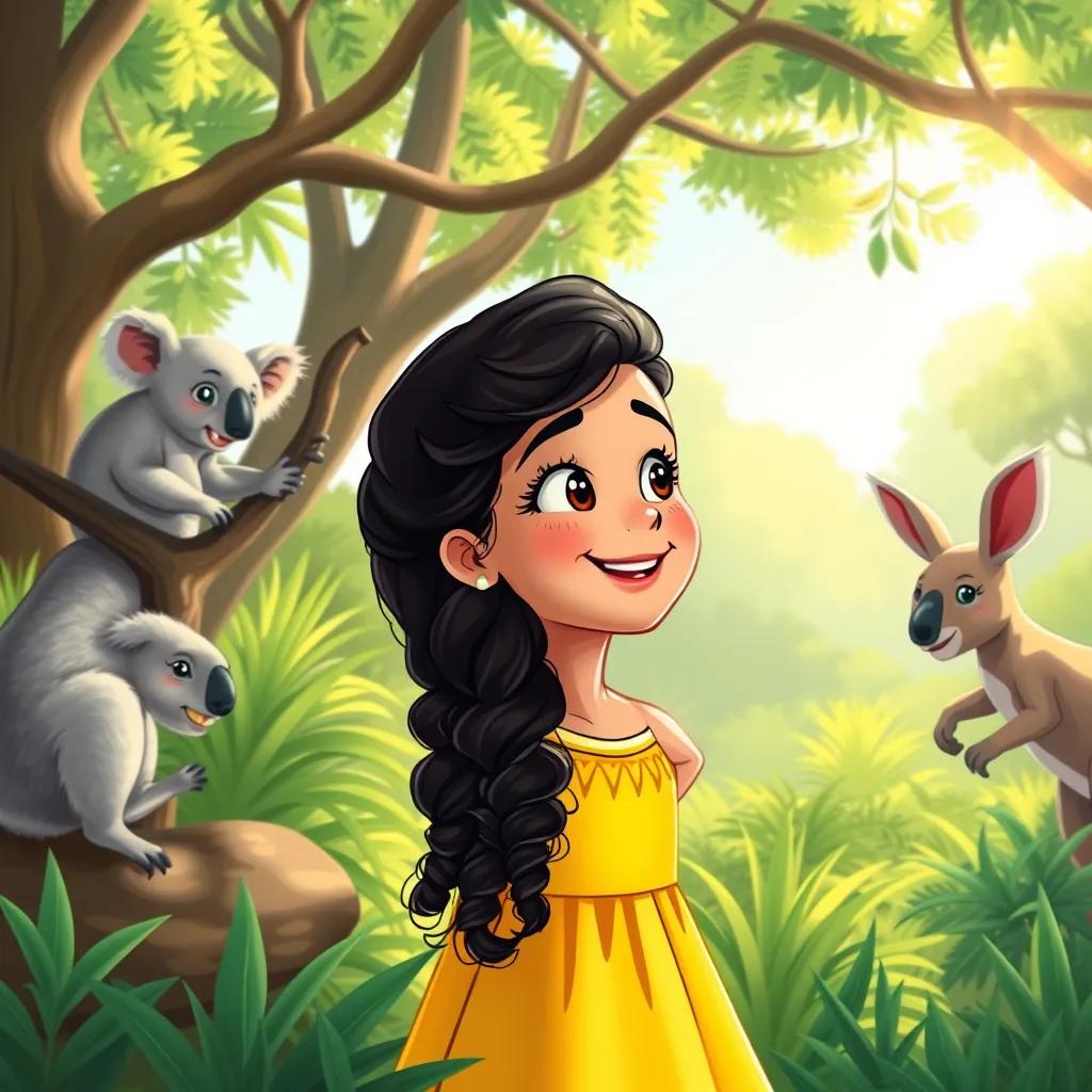 A young Arab girl, Aisha, with curly dark hair, wearing a bright yellow dress, joyfully observing koalas and kangaroos in Taronga Zoo, surrounded by greenery, bright sunlight filtering through trees, illustration, colorful and friendly, child-centric view