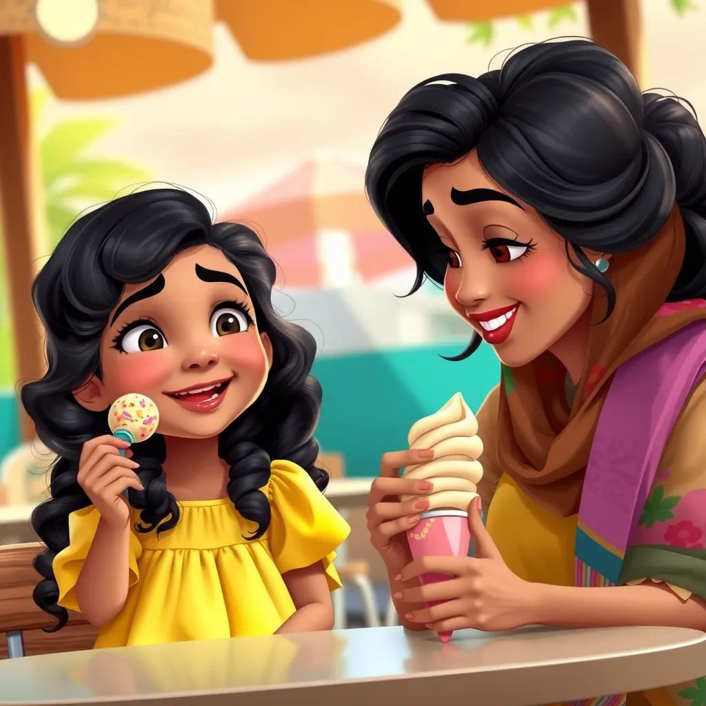 A young Arab girl, Aisha, with curly dark hair, wearing a bright yellow dress, happily eating ice cream with her mother Aaliyah, who has long black hair in a colorful scarf, sitting at an outdoor café with a sunny background, heartwarming scene, detailed and vibrant, joyful atmosphere