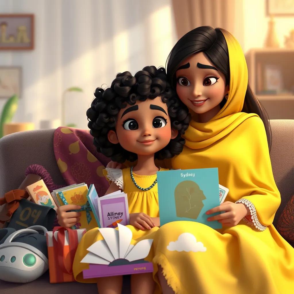 A young Arab girl, Aisha, with curly dark hair, wearing a bright yellow dress, surrounded by souvenirs from Sydney with her mother Aaliyah, who has long black hair in a colorful scarf, sitting in their home, reflecting on their fun day, warm light, cozy environment, inviting feeling