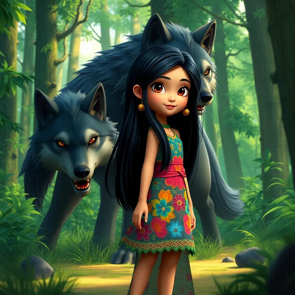 A beautiful girl, Aisha, with long black hair, wearing a colorful dress, standing bravely in front of a strong wolf in a dense green forest, digital art, vibrant colors, adventurous atmosphere, high quality