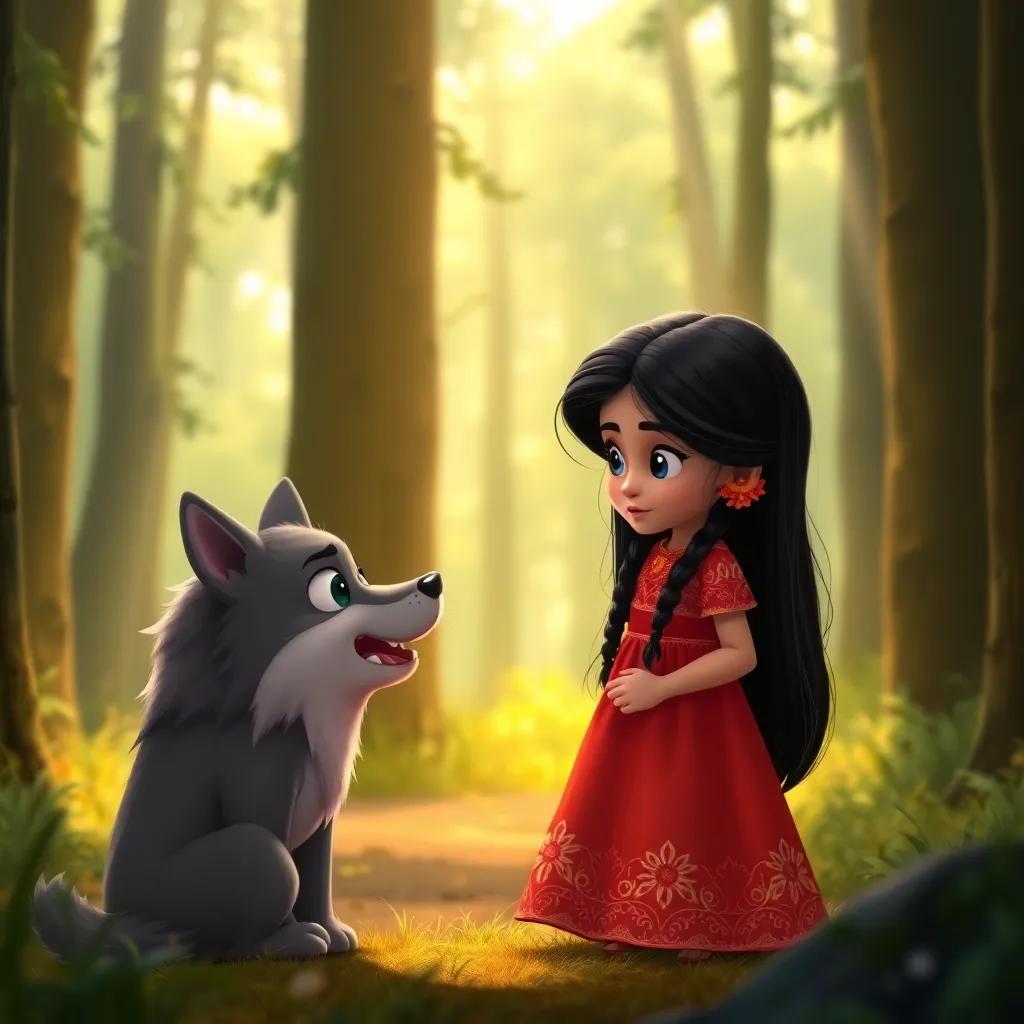 Aisha, a brave girl with long black hair in a colorful dress, talking to a frightened wolf in the forest, surrounded by tall trees, soft light, warm colors, heartfelt interaction, child-friendly