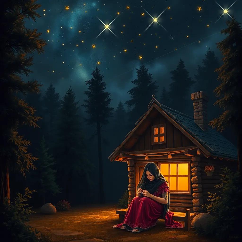 A dark night with shining stars in the sky above a small cozy cottage in a dense forest, where Aisha, a young Arab girl with long black hair, is sewing in the warm light of the cottage, detailed digital art, warm colors, inviting atmosphere, high quality