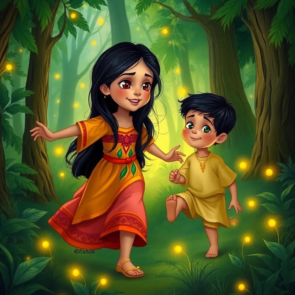 A young Arab girl, Aisha, with long black hair, wearing a colorful dress, rushing towards a small boy in the forest, who looks hungry and hopeful, surrounded by lush greenery and soft glowing fireflies, digital illustration, colorful, cheerful, child-friendly