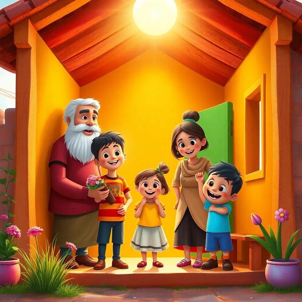 In a small village, a family with five members is happily gathered in their colorful house. The father is tall with a white beard, the mother is gentle and loves flowers. The three children are Ahmed, a boy with short hair, Rania, a little girl with pigtails, and Sami, an energetic boy with a big smile. The house has five brightly painted rooms, and the sun is shining down, bright and cheerful, digital art, bright colors, warm light, inviting atmosphere, high quality