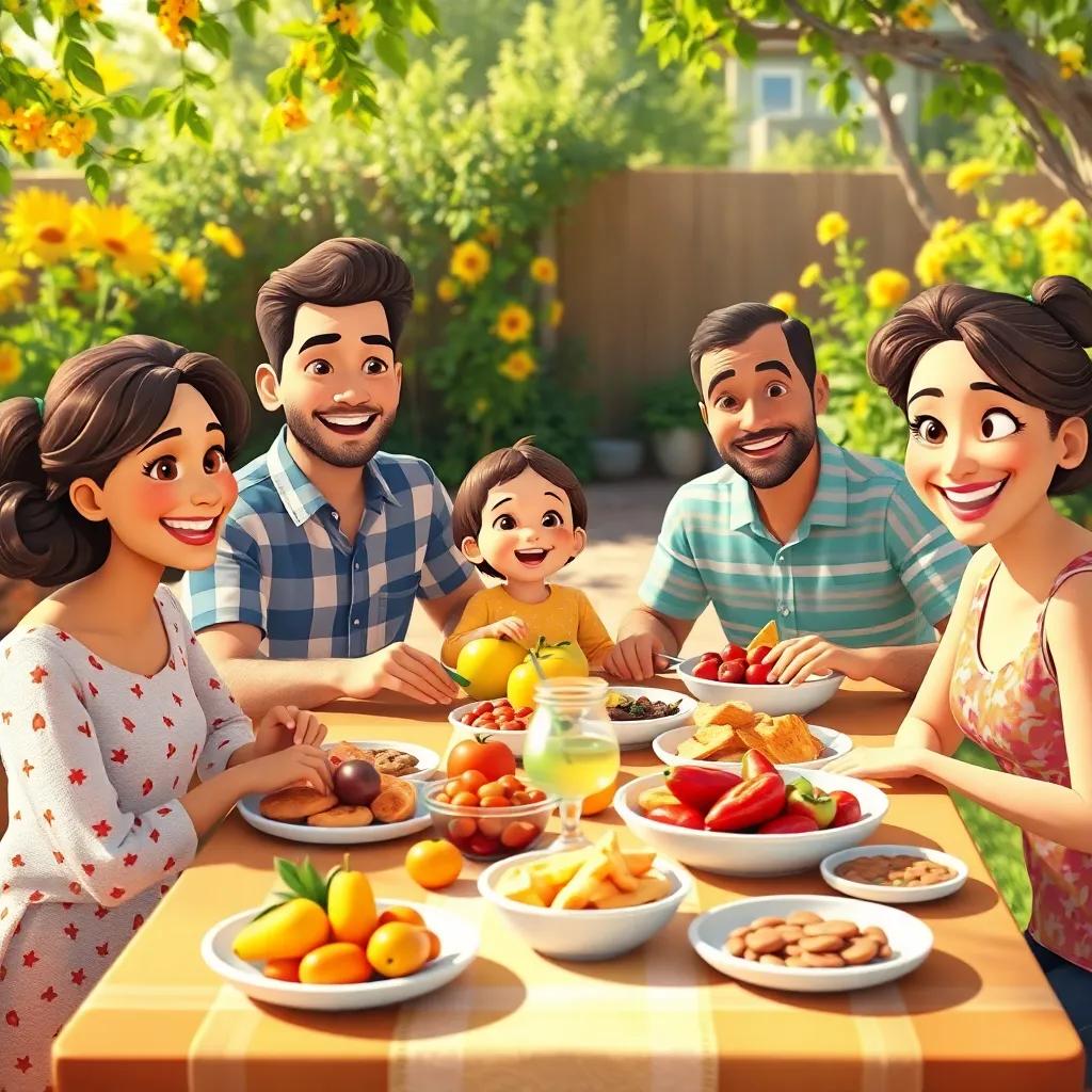 A happy family sitting together at a table filled with delicious food in a sunny garden, with fruits and various dishes, joyful expressions, warm light, inviting scene