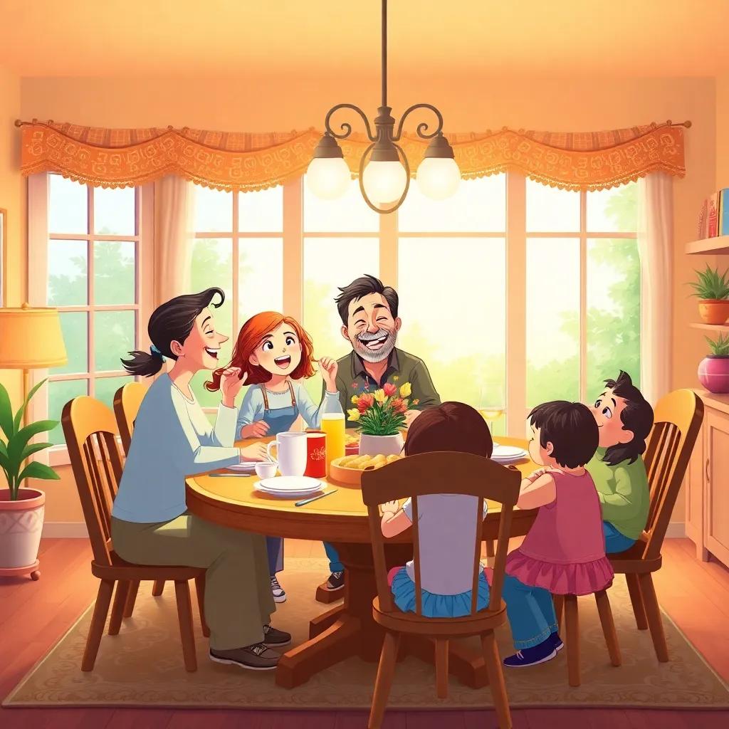 A happy family gathered around a dining table in a beautiful home, laughter and joy in the air, colorful decorations, warm lighting, cheerful atmosphere, illustration, friendly, engaging, fun