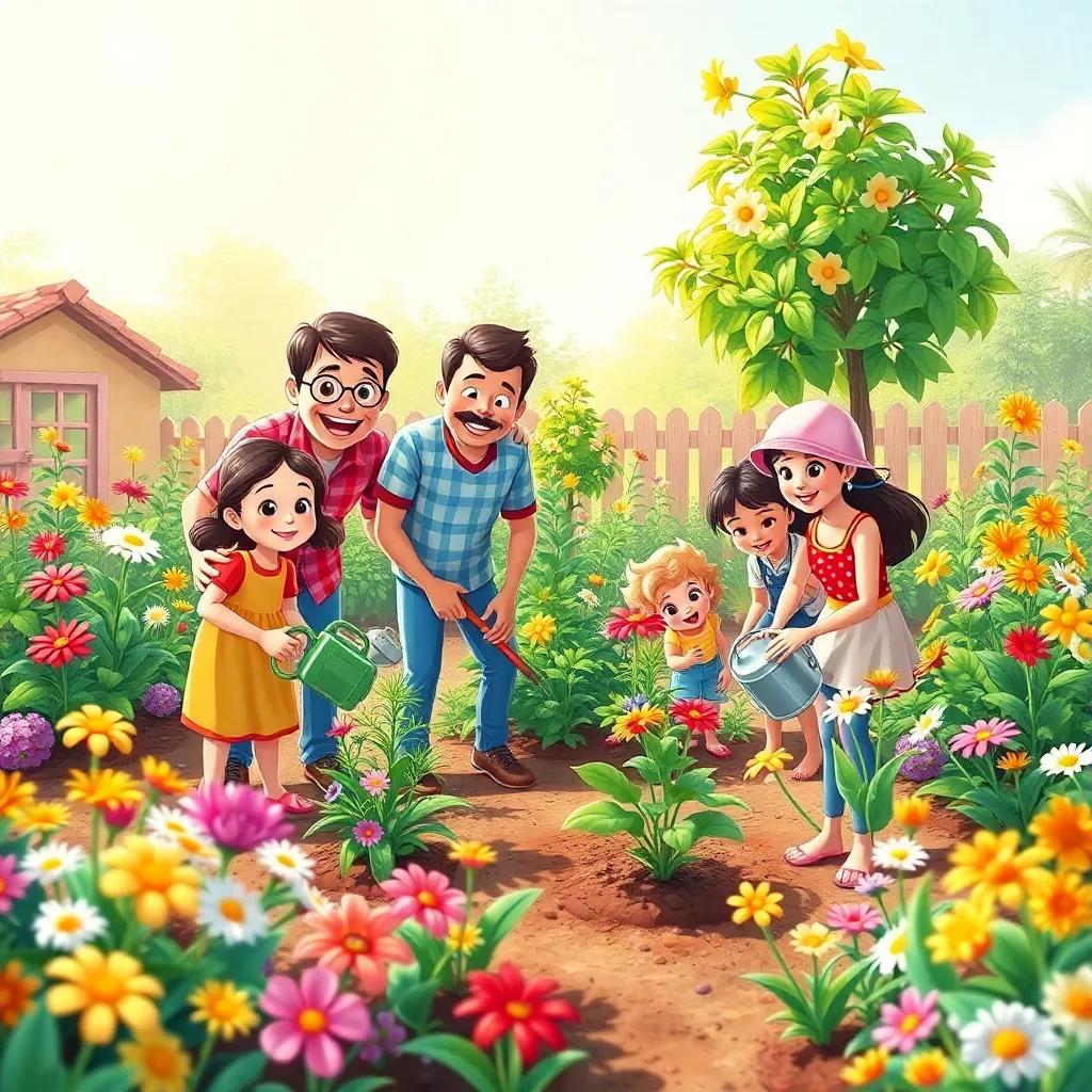 A colorful garden with a happy family working together, watering plants and planting new trees, bright flowers blooming all around, sunny day, lively and cheerful scene, digital art, vibrant colors, child-friendly