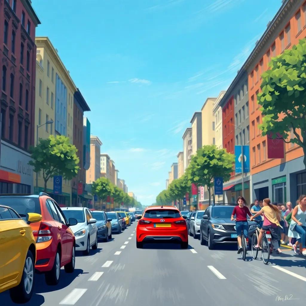 A busy city street with cars and people, with a clear blue sky, showing a family talking about road safety, digital art, bright colors, cheerful atmosphere, high quality