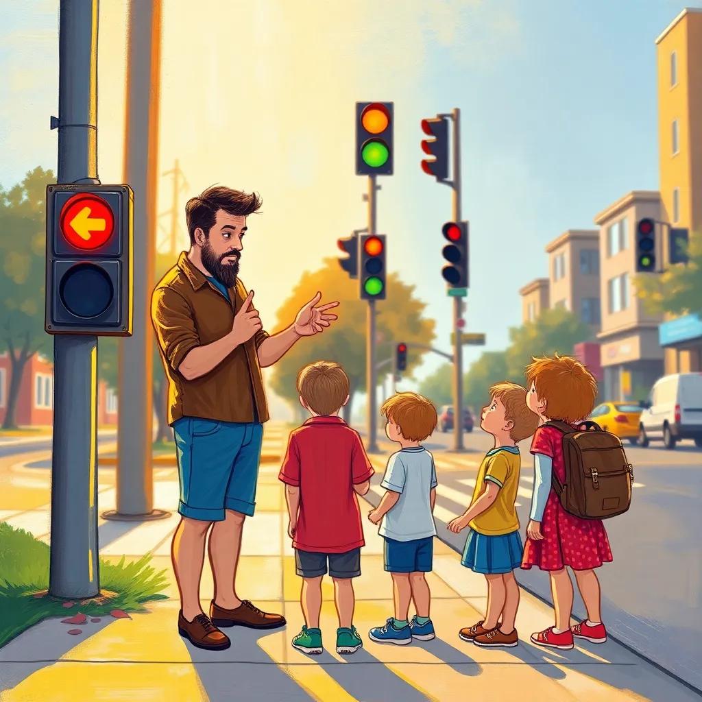 A father explaining traffic signals to his children, standing on the sidewalk with a stoplight in the background, illustration, educational, warm light, child-friendly