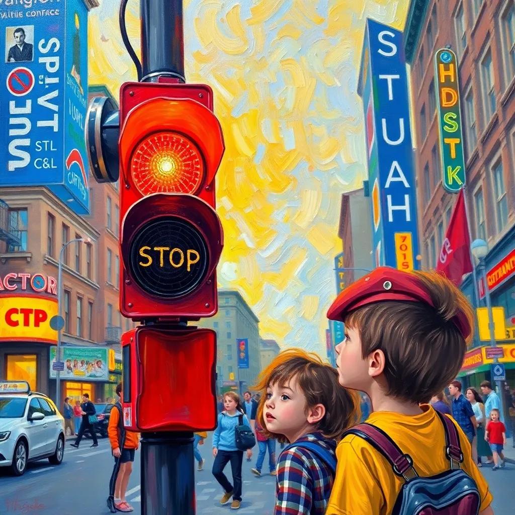 A red traffic light shining brightly as a reminder to stop, with curious children watching it, in a bustling city setting, colorful artwork, fun, engaging view
