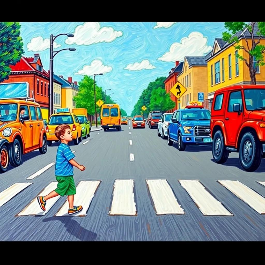The boys practicing crossing the road safely, looking both ways, surrounded by animated vehicles, detailed illustration, lively colors, friendly scene