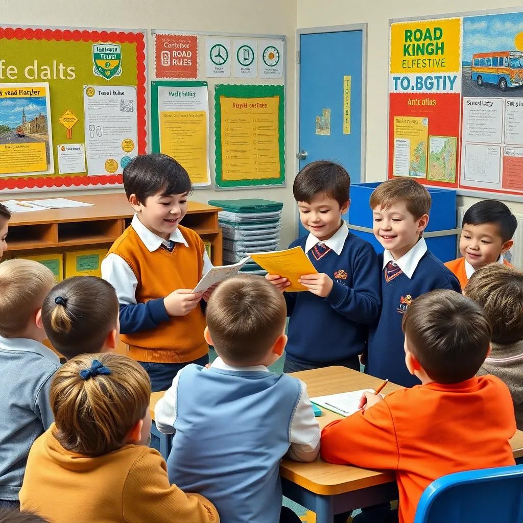 The boys at school sharing their knowledge about road safety with classmates, lively classroom environment with posters about traffic rules, cheerful atmosphere, vibrant colors