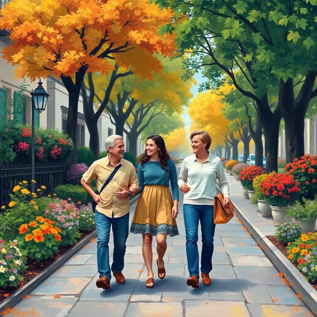 The family walking home together, laughing and talking about their day, beautiful city street with trees and flowers, digital art, warm and inviting colors, happy scene
