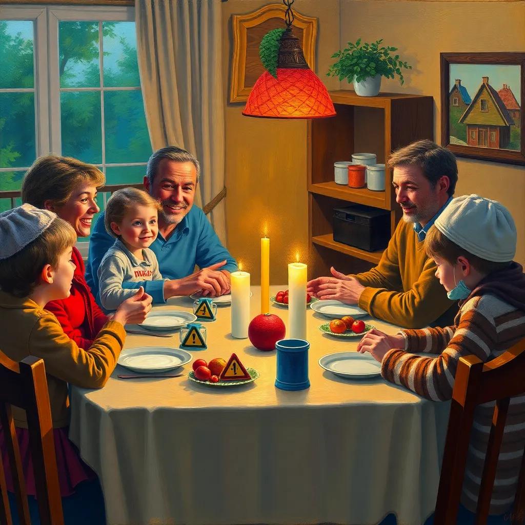 A family sitting together at a dinner table discussing road safety, with little traffic safety symbols around, cozy and warm lighting, inviting atmosphere