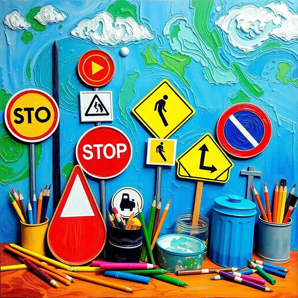 A playful image of kids drawing traffic signs and rules, colorful art supplies scattered around, bright and lively colors, friendly and engaging
