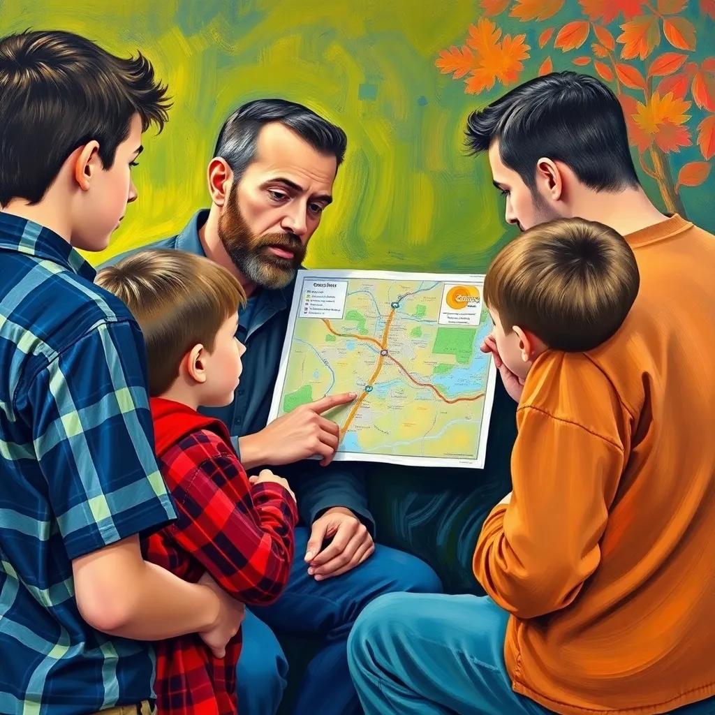 The father teaching the boys about road safety while pointing at a map showing their route to school, rich colors, educational, family bonding scene