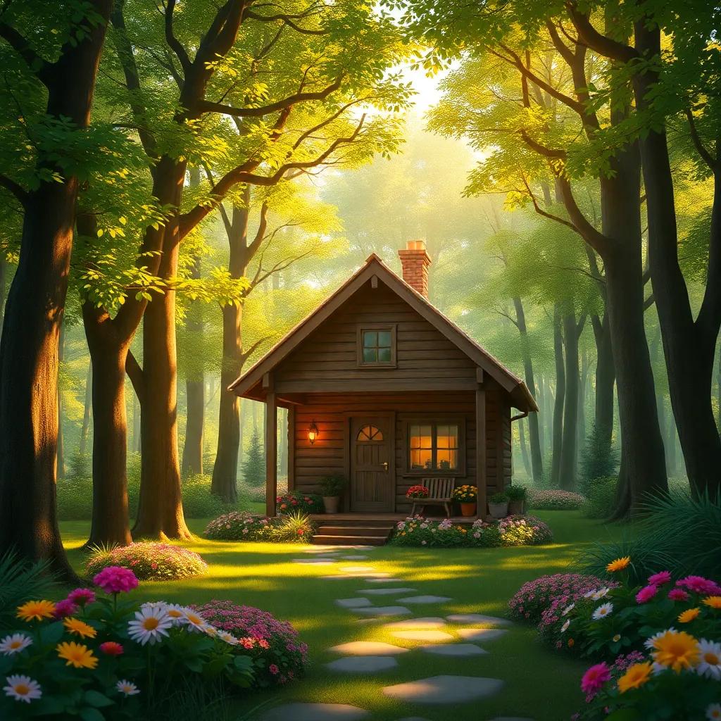 A cozy wooden cottage in the middle of a lush green forest, surrounded by tall trees and colorful flowers, warm sunlight filtering through the leaves, cheerful atmosphere, digital art, vibrant colors, inviting and serene, high quality