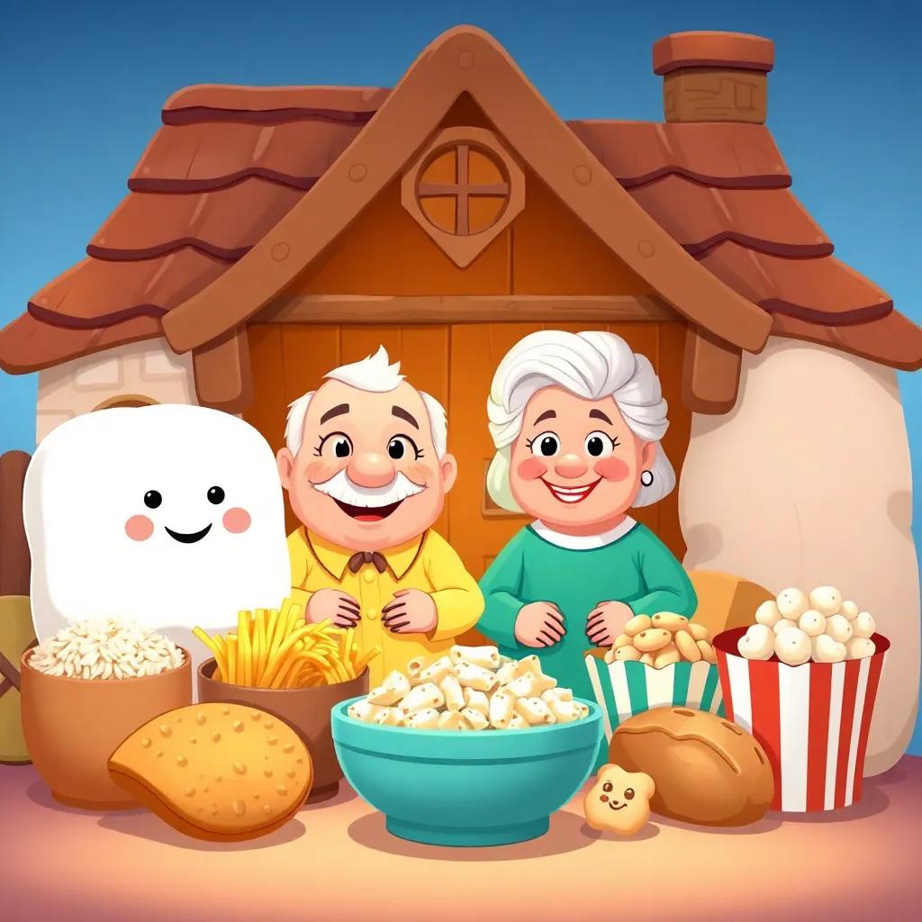 An illustration of a cozy carbohydrate house with Uncle Flour and Aunt Sugar, both depicted as friendly, round characters with sweet smiles, surrounded by family members like Rice, Pasta, Bread, Crackers, and Popcorn, in a bright and colorful cartoon style, cheerful atmosphere, high quality
