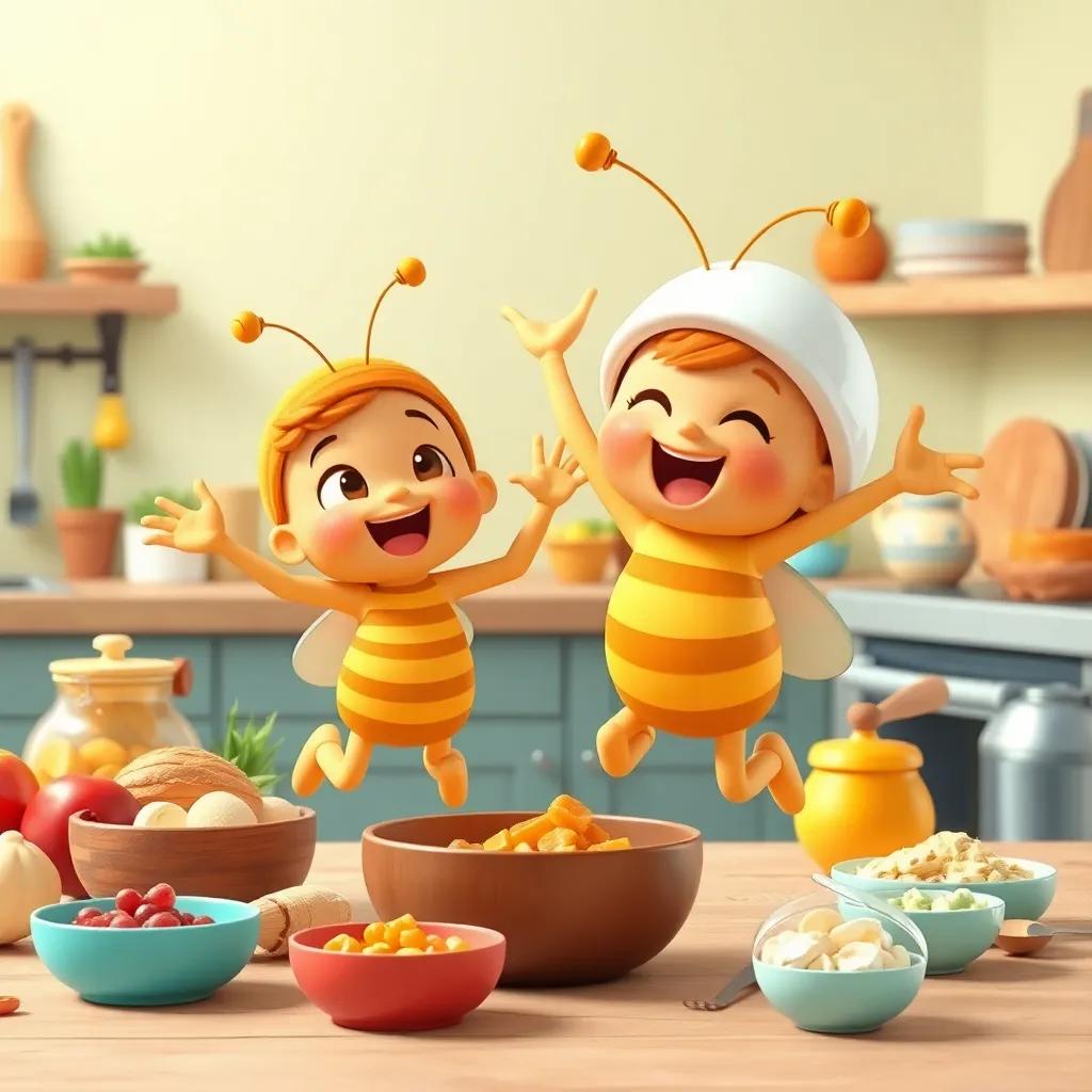 A lively scene of the little ones Honey and Honeycomb, both depicted as cute, energetic little characters, jumping in excitement, with ingredients and fun kitchen tools around them, creating energy snacks with laughter and joy, colorful, engaging, child-friendly, high quality
