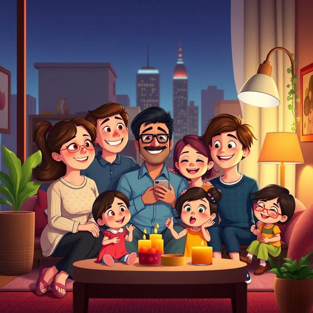 A happy family of six, the father working in another city, returning home, digital art, warm colors, cozy family setting, high quality, inviting atmosphere