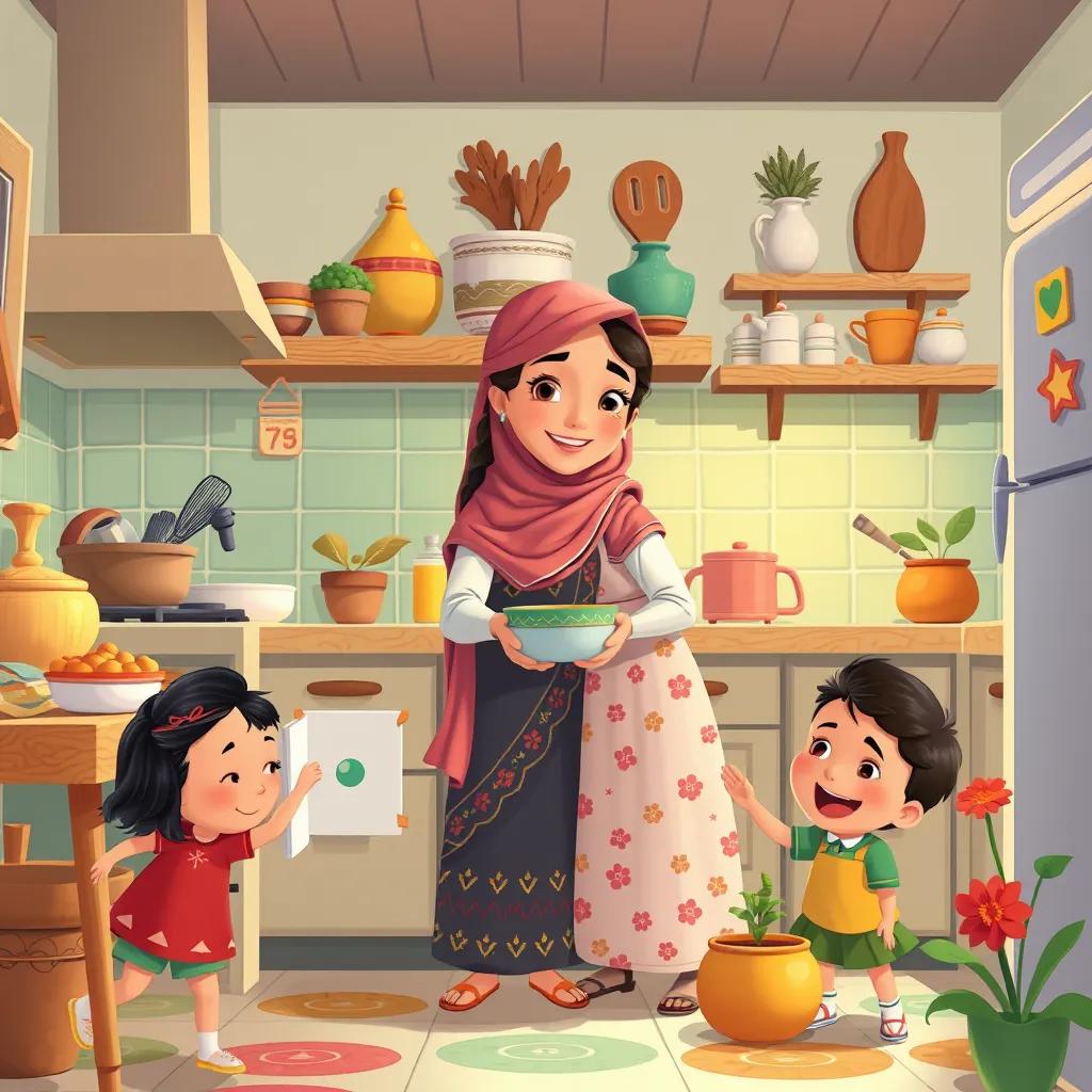 The eldest daughter, Hala, helping her mother with house chores, a cozy kitchen filled with love, children playing around, illustration, cheerful vibe, vibrant