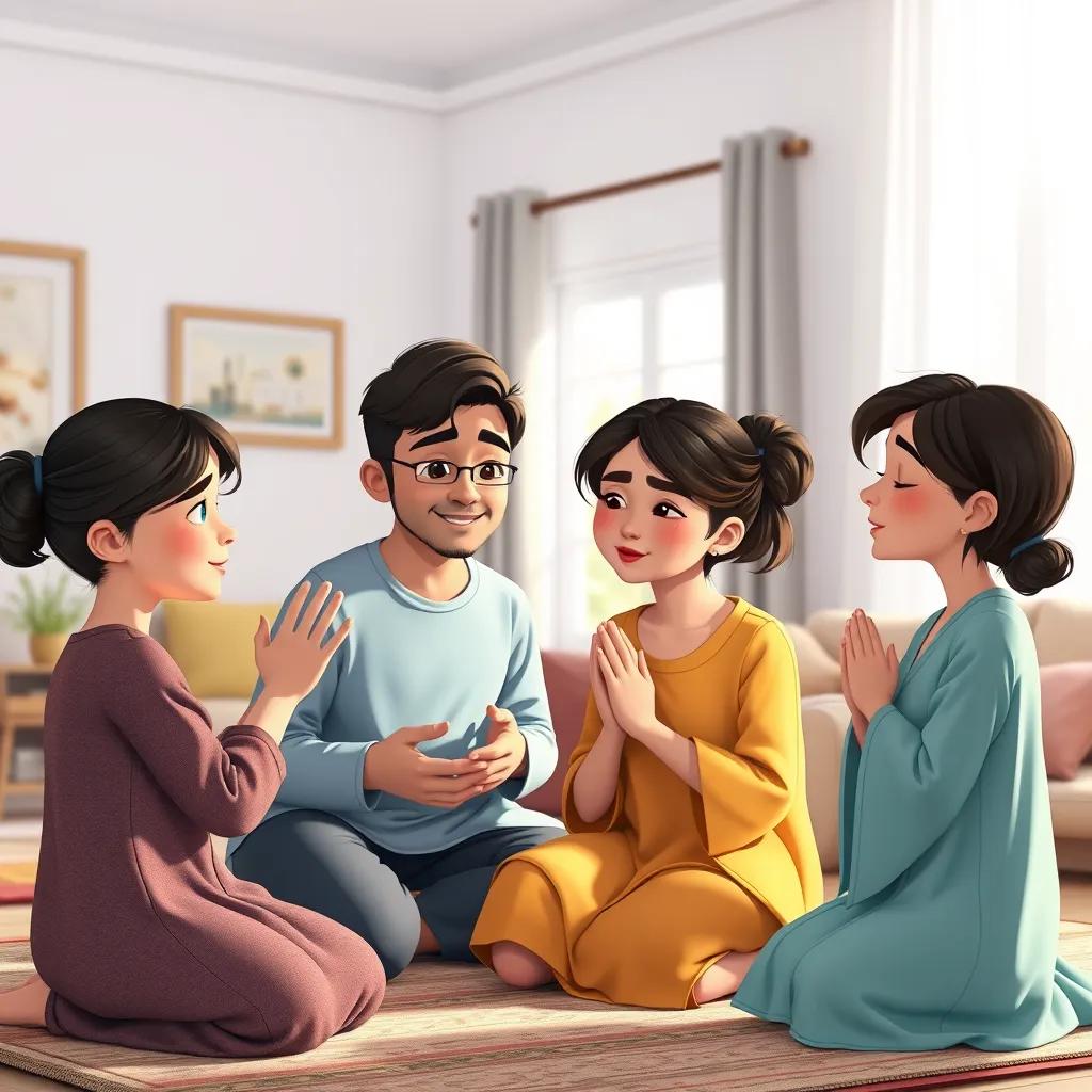 The father joining his daughters in prayer, teaching them to respect their mother, family gathering in a bright living room, peaceful atmosphere, loving environment
