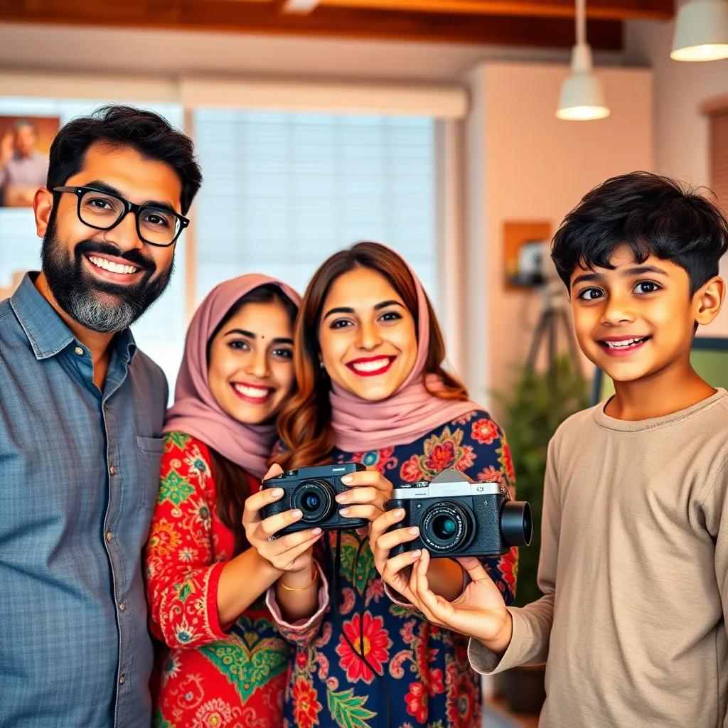 A happy Arab family, Ali the father with a beard and glasses, Leila the mother wearing a colorful dress, Meryam holding a small camera with brown hair, and Youssef with short black hair looking excited, in a bright office with a computer and camera equipment, digital art, cheerful atmosphere, vibrant colors, inviting and warm light, high quality