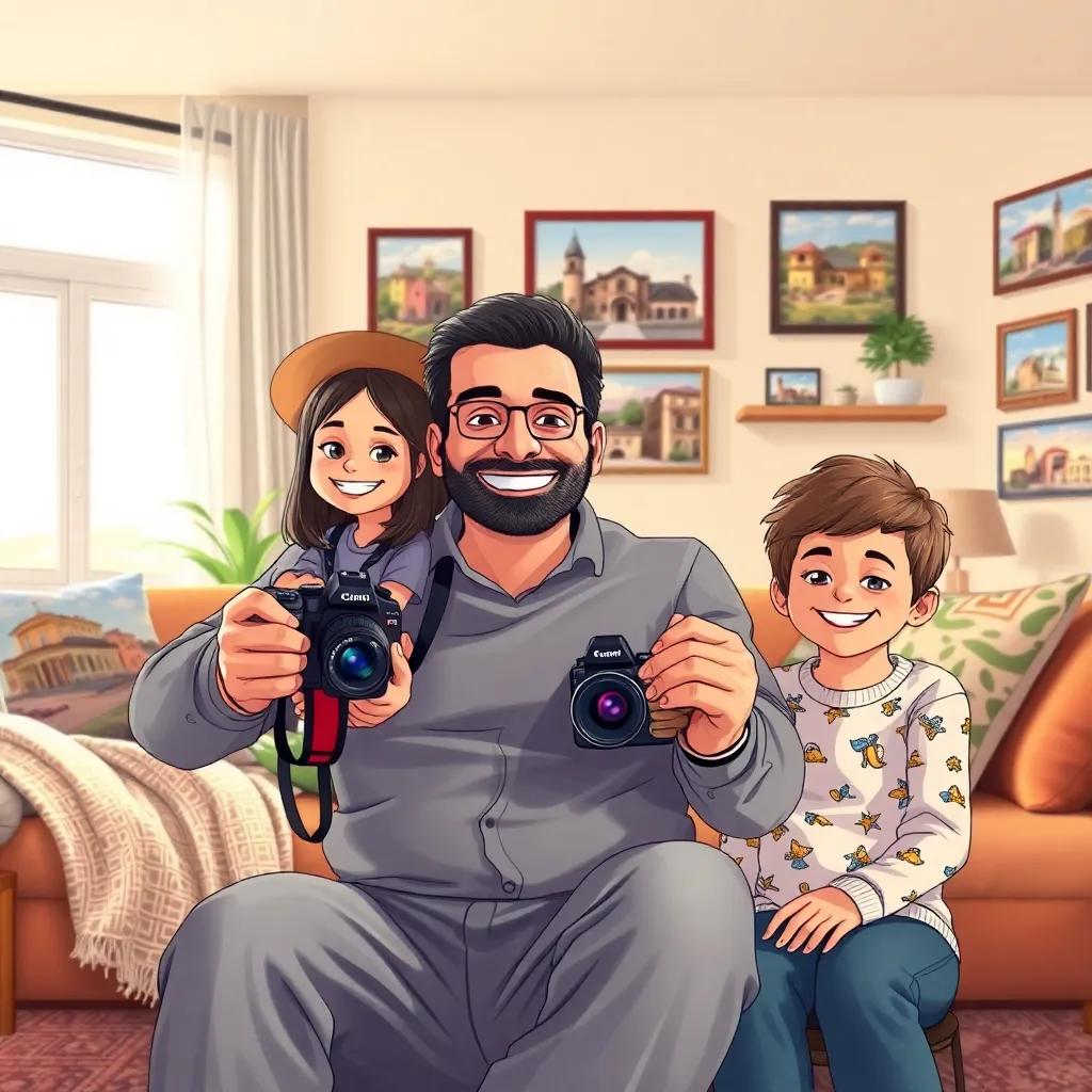 Ali the father, a successful real estate marketer with a camera, with Meryam and Youssef in a cozy living room, surrounded by pictures from their travels with property backgrounds, illustration, family warmth, bright and colorful, cheerful perspective, child-friendly, high quality