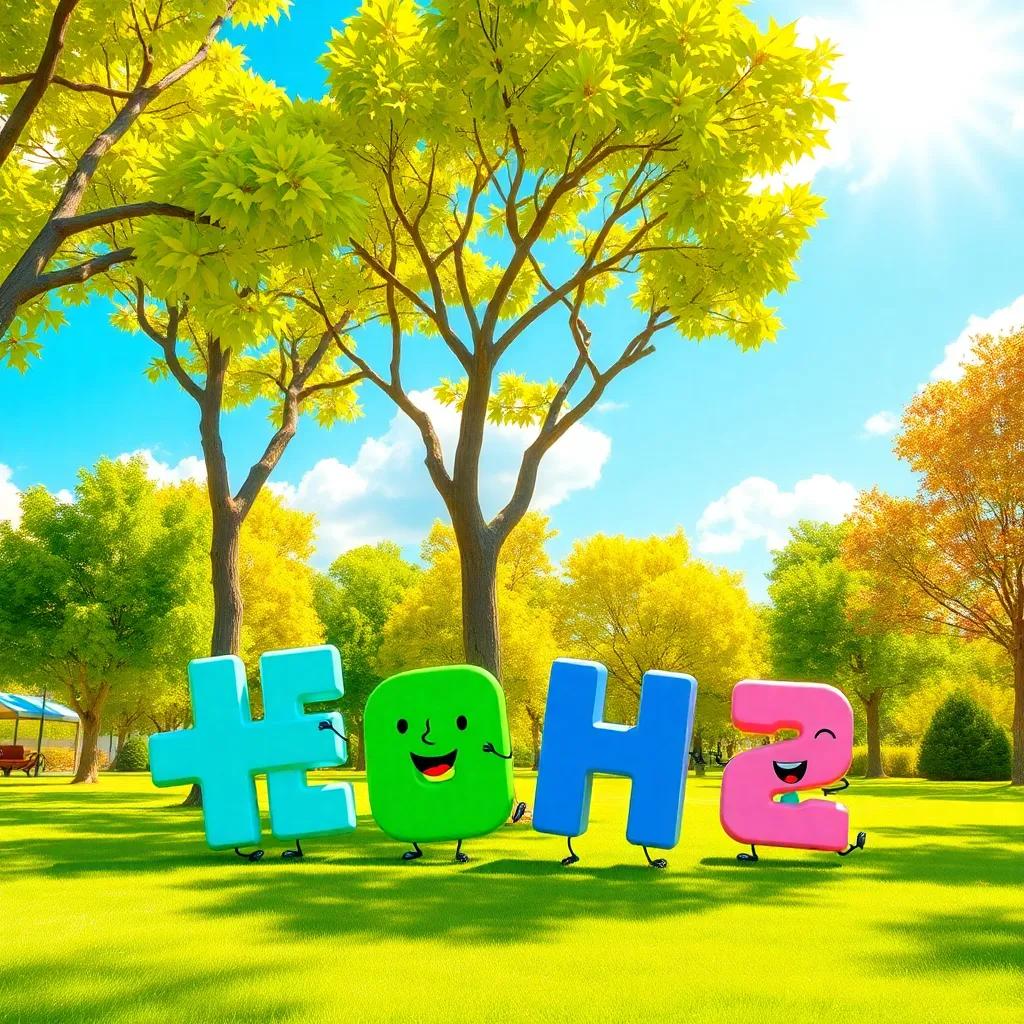 A sunny day with vibrant green trees, happy letters 'و', 'أو', 'لكن', and 'ف' playing together in a colorful park, cheerful atmosphere, cartoon style, bright colors, high quality, joyful scene