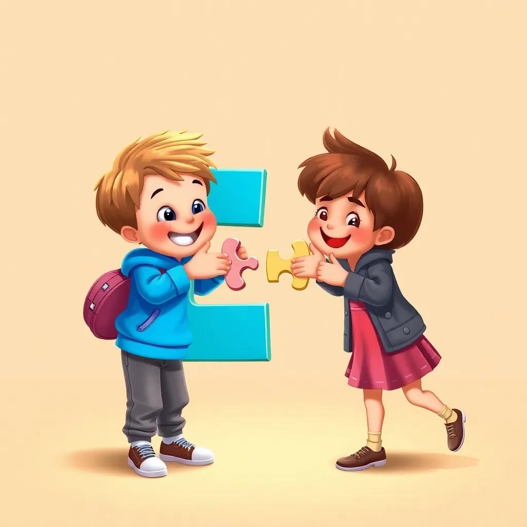 The letter 'و' helping two kids connect puzzle pieces together, looking enthusiastic and joyful, illustration, friendly and playful, vibrant colors, high quality, imaginative