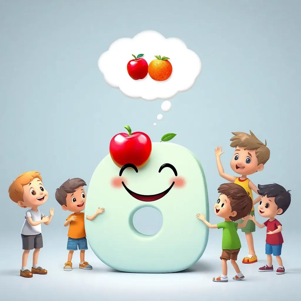 The letter 'أو' smiling with a thought bubble showing two choices: an apple and an orange, surrounded by kids deciding what to play with, colorful, cheerful, high quality, fun imagery