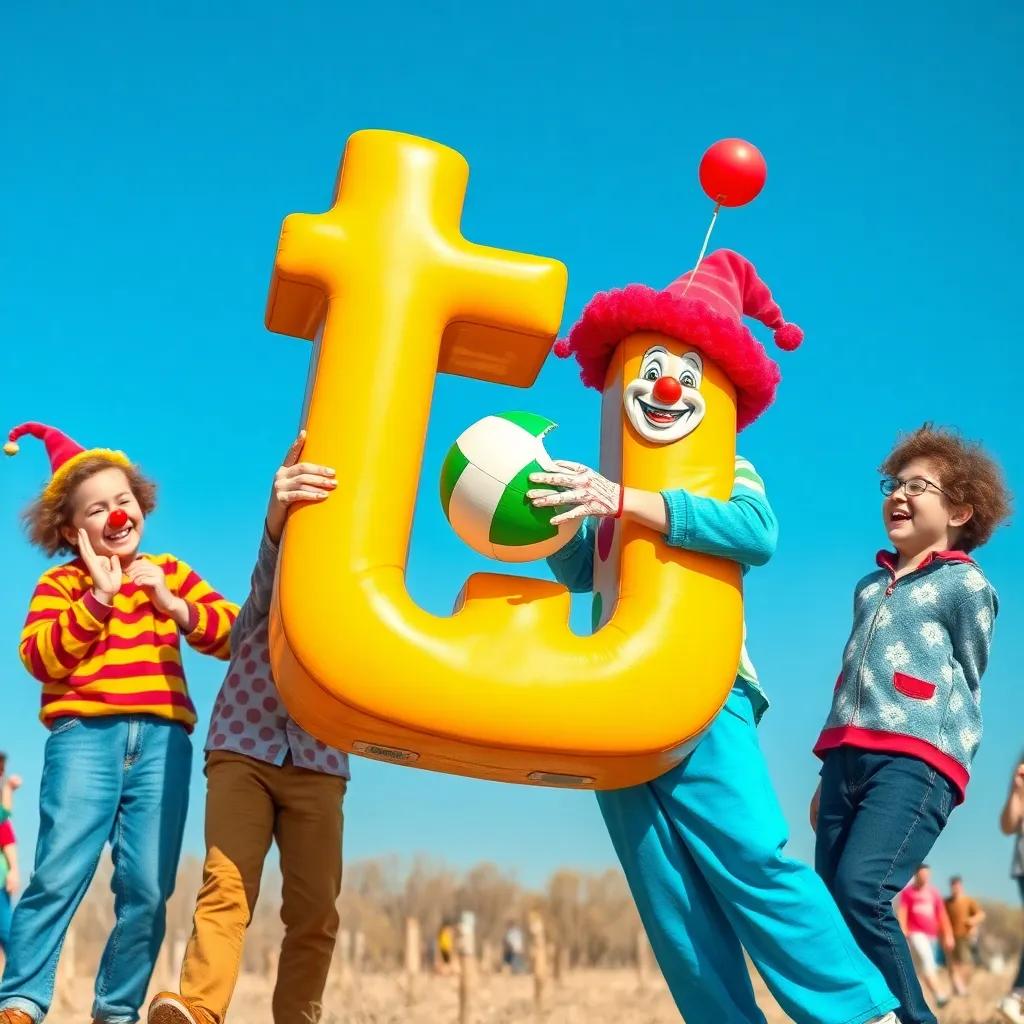 The letter 'ف' holding a ball and clowning with friends, making everyone laugh under a bright blue sky, exciting atmosphere, colorful, high quality, playful