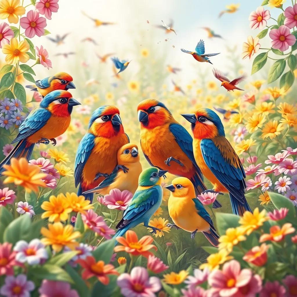 A beautiful garden scene with the family of conjunctions playing together amidst flowers and birds, vibrant colors, joyful environment, illustration, high quality, imaginative