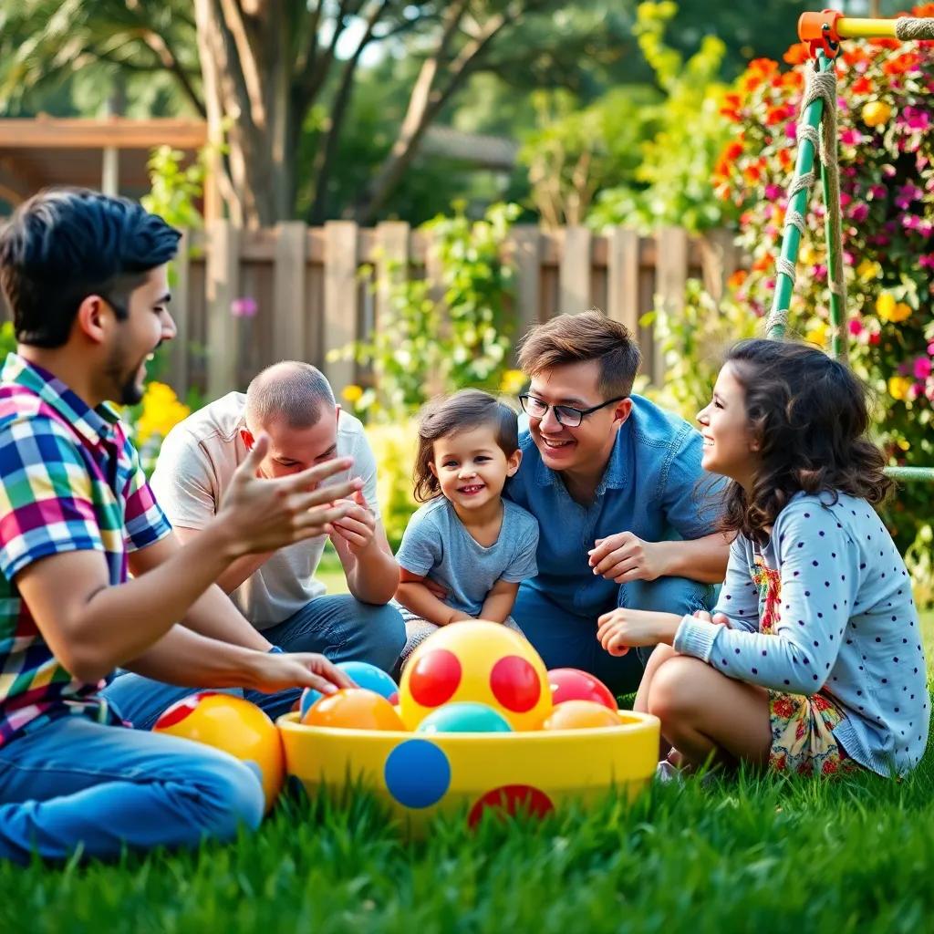 Family playing games in the garden, laughter and fun dialogues as they look at options like balls and swings, colorful, bright atmosphere, quality artwork, lively