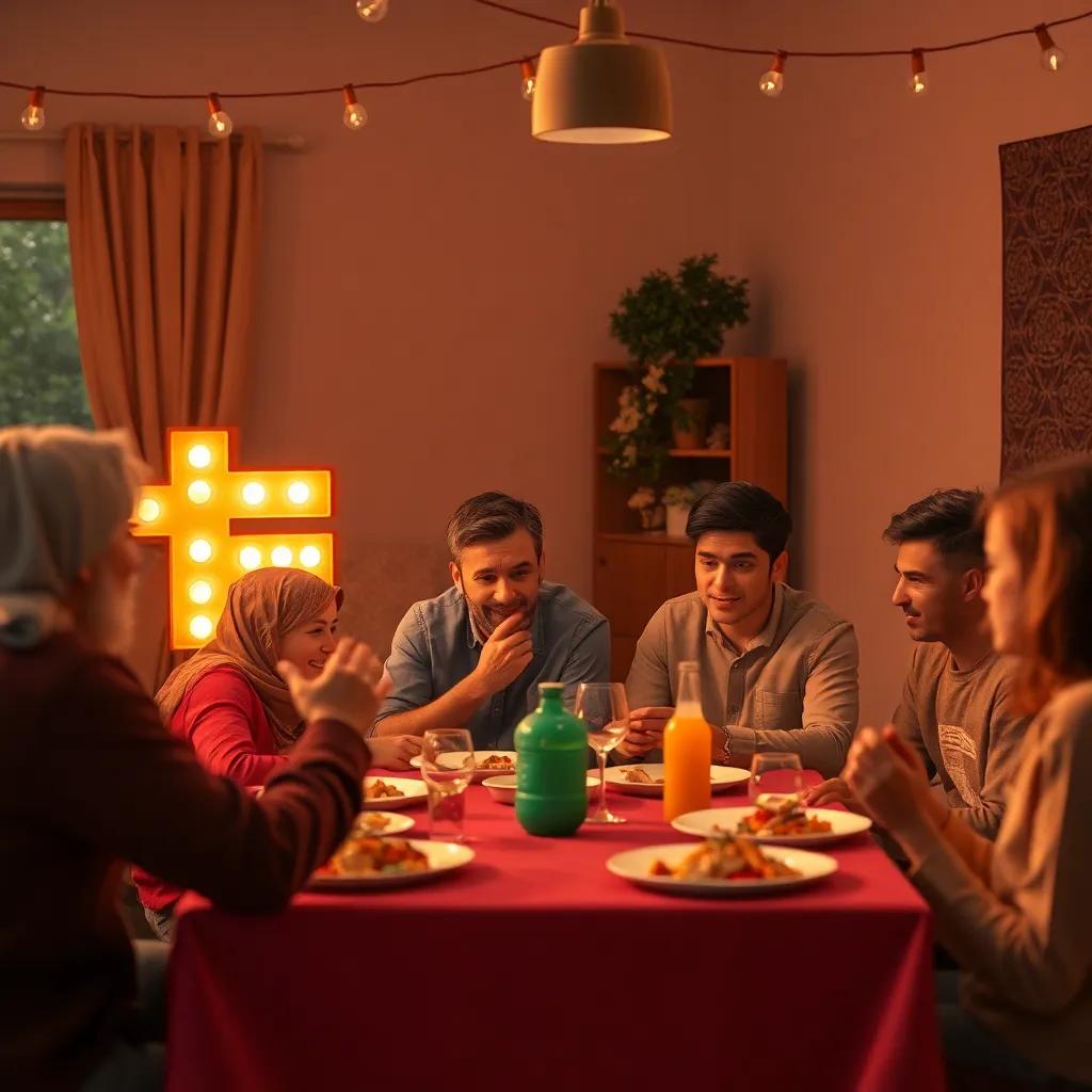 The letter 'لكن' reminding others about dinner while everyone is still playing, thoughtful and wise look, warm colors, high quality, relatable scene