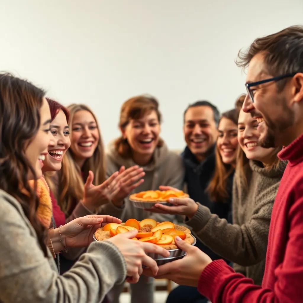 The letter 'ف' sharing food like detailed colorful apples and orange pies with everyone while they laugh, delightful colors, cheerful atmosphere, high quality, joyful gathering