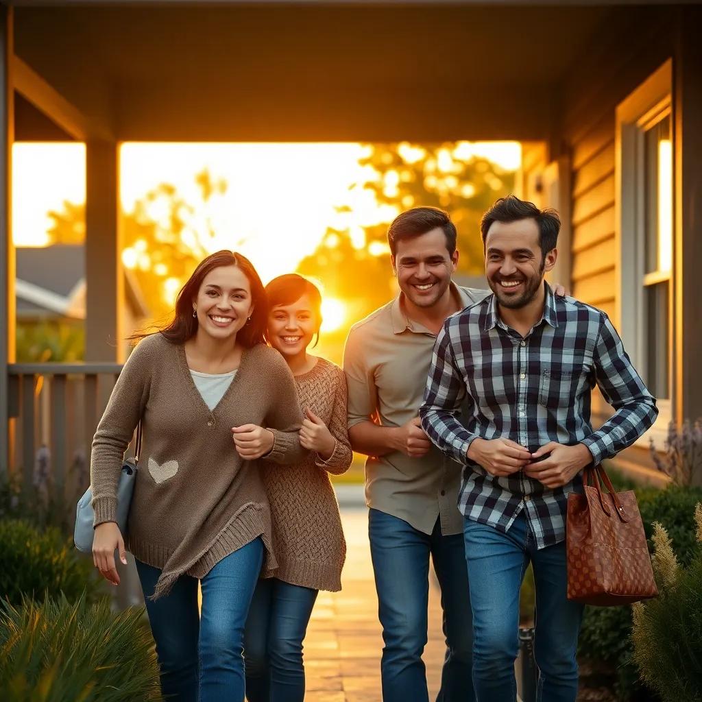 The family of conjunctions returning home together, happy expressions on their faces, the sun setting behind, warm and inviting atmosphere, high quality, heartfelt moment