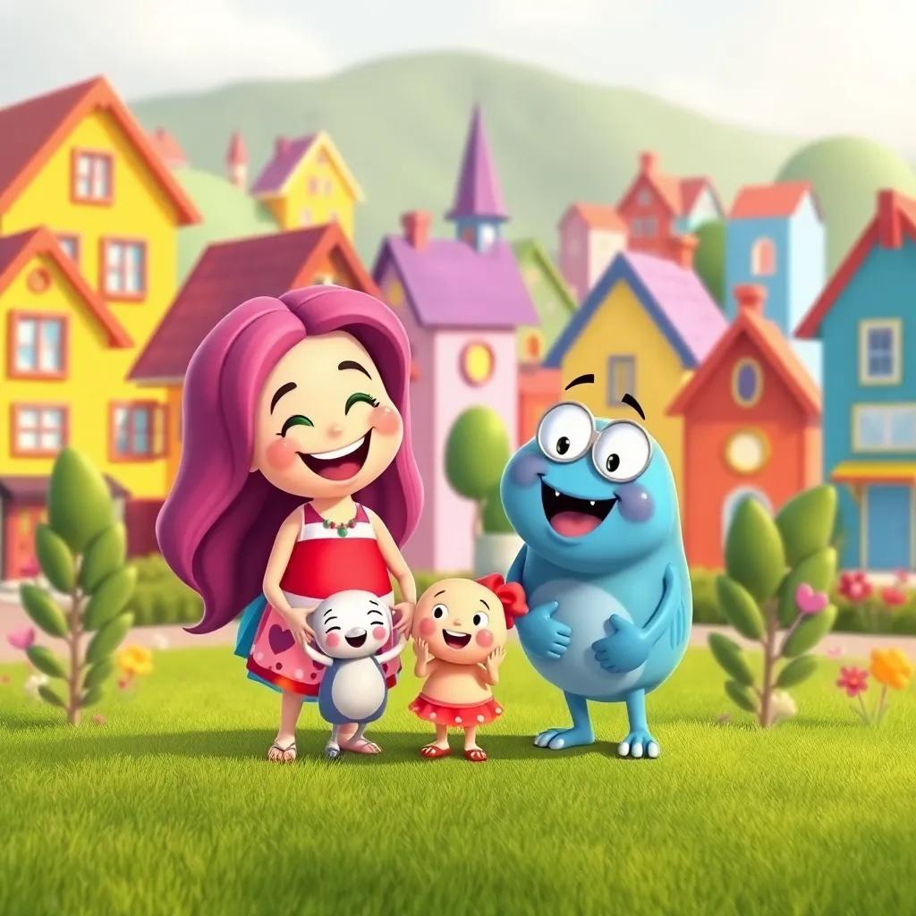 A happy family of conjunctions living together in a colorful town, a joyful scene, vibrant colors, cheerful atmosphere, digital art, warm and inviting