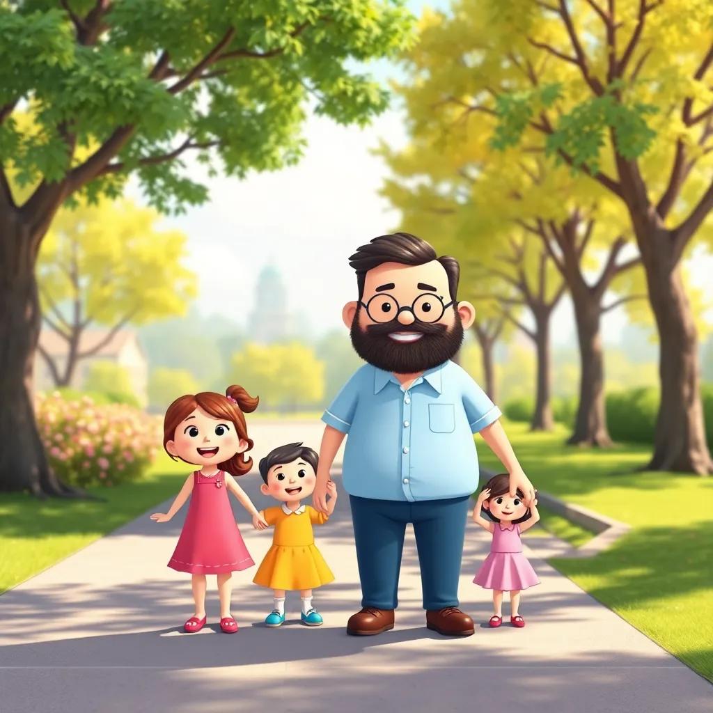 The father conjunction 'و' depicted as a smiling character, holding hands with his family, in a sunny park, playful tone, bright colors, cartoon style