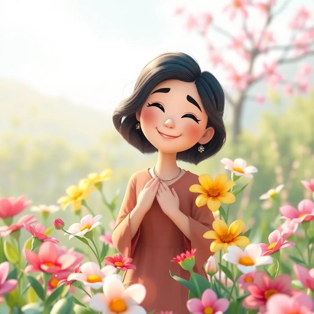 The mother conjunction 'ف' represented as a nurturing figure, surrounded by flowers, showcasing her love for beauty, joyful colors, nature in the background, cheerful mood