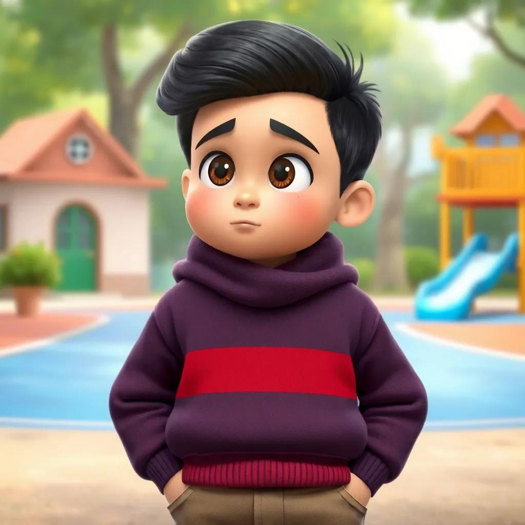The brother conjunction 'أو' looking thoughtful, standing between two options, a school and a playground, contemplating with a cute expression, colorful background, whimsical
