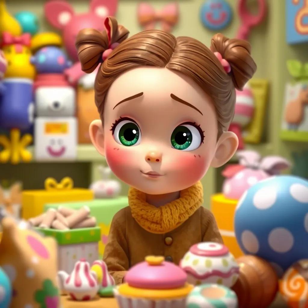 The sister conjunction 'لكن' with a curious face, surrounded by toys and sweets, contemplating her choice, bright colors, inviting environment, playful tone